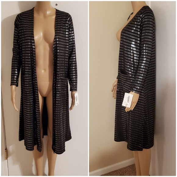 NWT S LuLaRoe Elegant Sarah Long Black Duster Silver Metallic Striped Cardigan - Picture 4 of 9